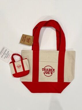 Trader Joe's Red & Cream Mini & Micro Canvas Tote Bag Bundle Set